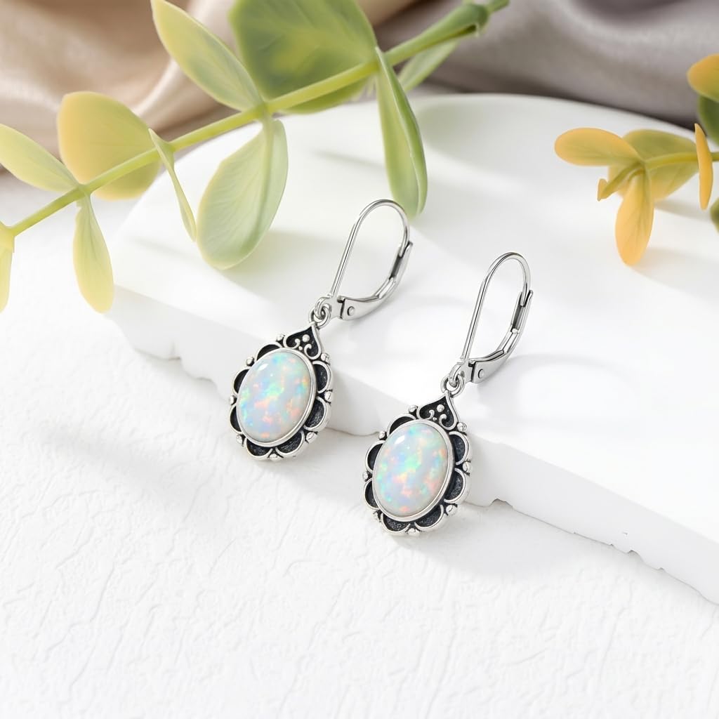 White Opal Drop Earrings for Women 925 Sterling Silver Vintage Oval 9x7mm Filigree Leverback Dangle Earrings, Gothic Victorian Antique Jewelry Gifts
