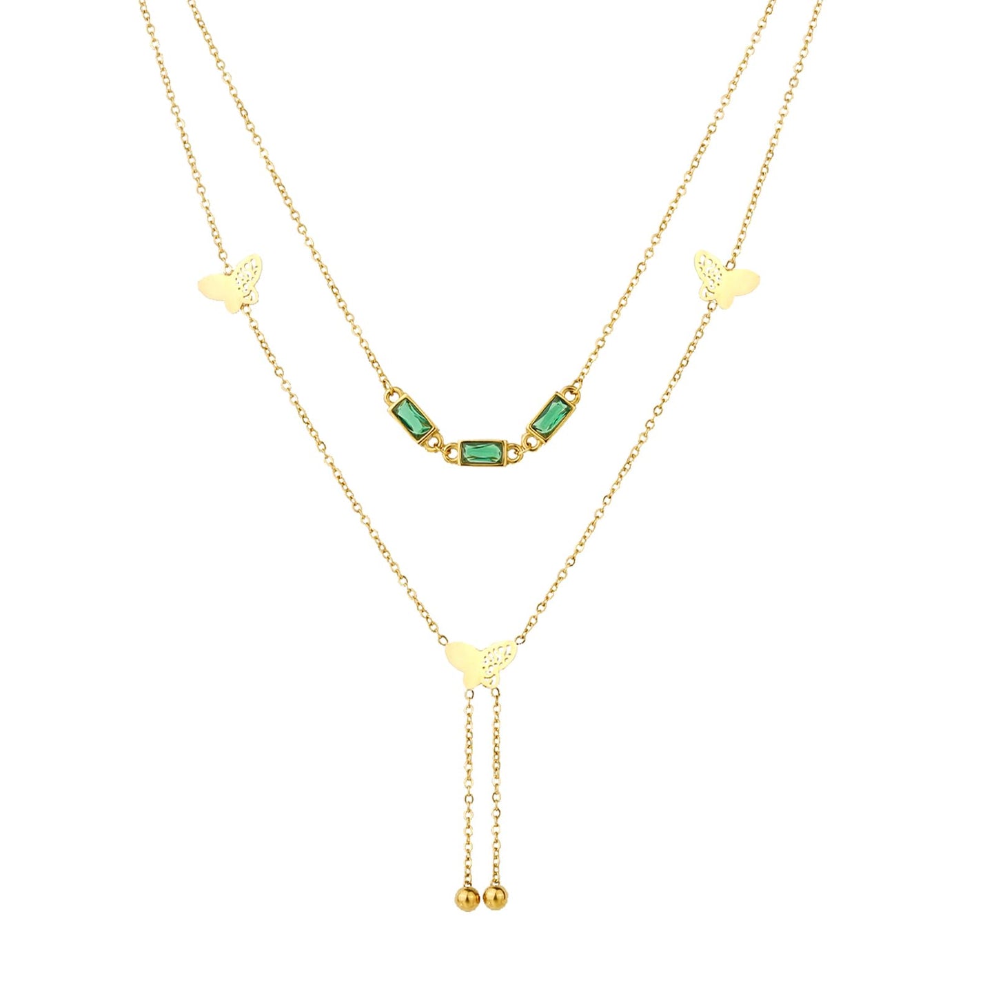 TaYolnFaSo 18K Gold Plated Double Layered Y Lariat Necklace Emerald Cut Green CZ Choker Butterflies Lariat Necklace Christmas Jewelry Gift for Women