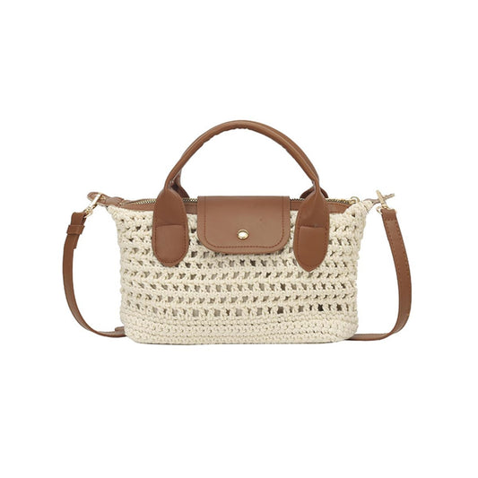 Crochet Crossbody Bags for Women Summer Beach Handbag Small Woven Tote Purse with Leather Top Handle White