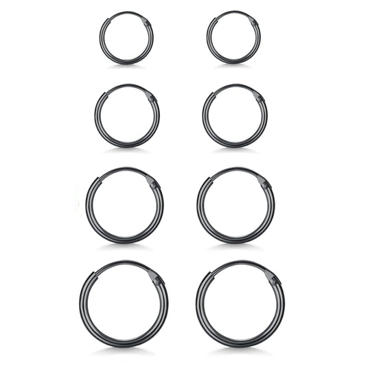 EPIRPRA Silver Hoop Earrings- Cartilage Earring Small Hoop Earrings for Women Men,4 Pairs of Hypoallergenic 925 Sterling Silver Tragus Earrings (Black,8mm/10mm/12mm/14mm)