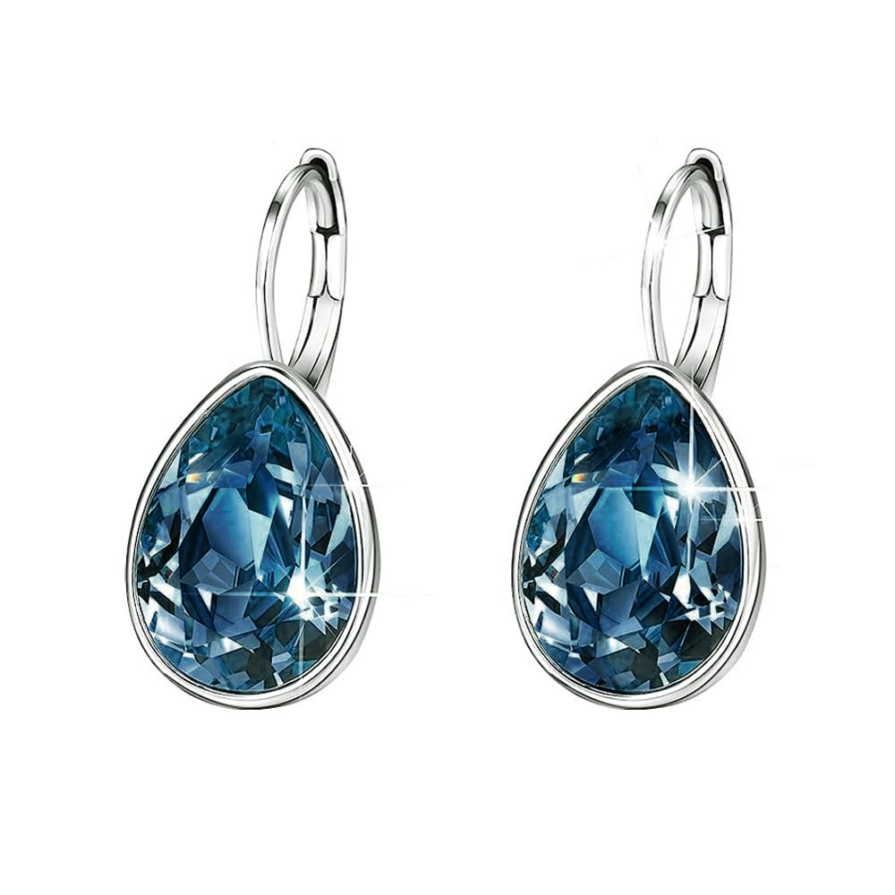 Xuping Jewelry Huggies Crystal Teardrop Earring for Women Crystals Leverback Silver Earrings Fashion Jewelry Gifts (Navy Blue)