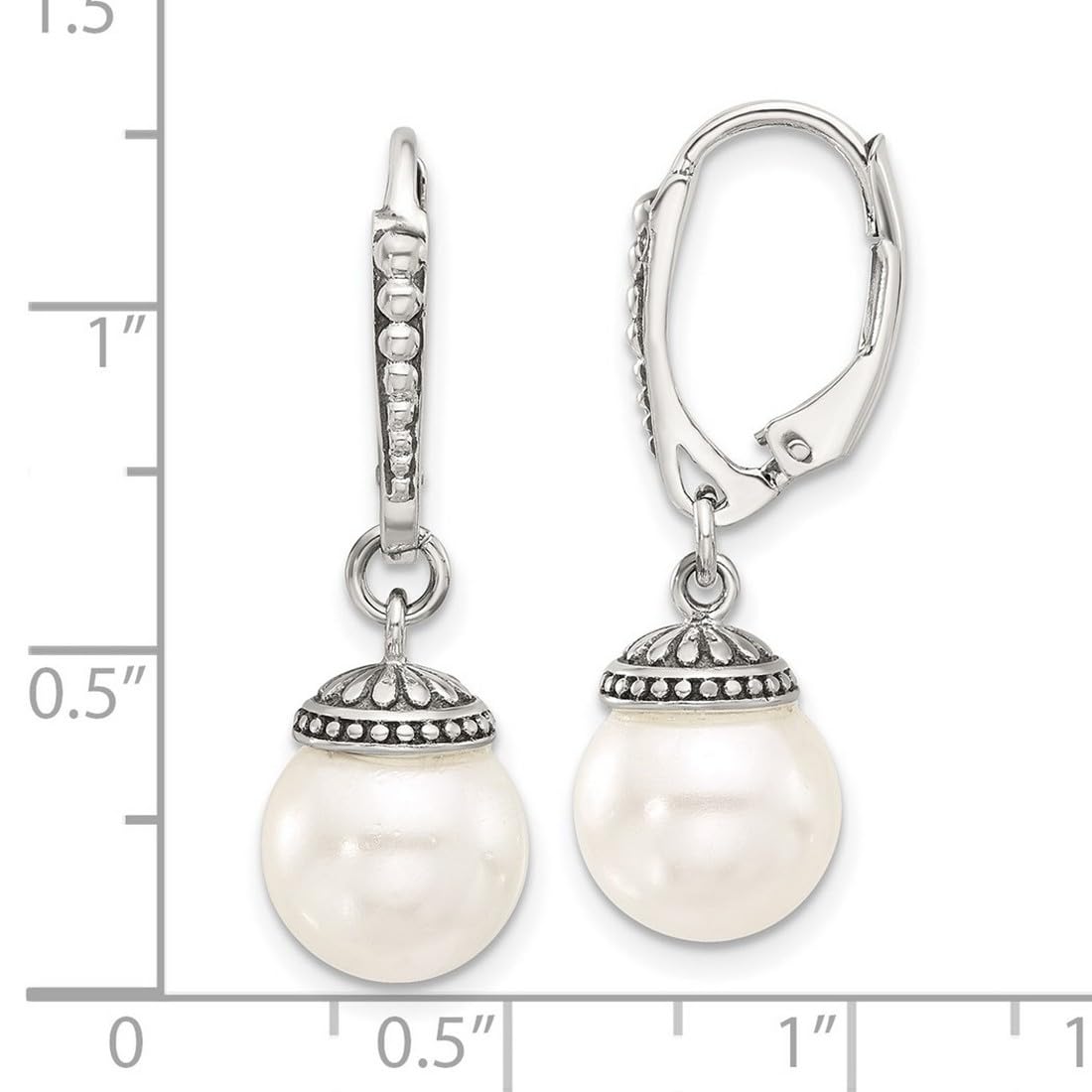 925 Sterling Silver Polished and Oxidized Syn. Pearl Dangle Leverback Earrings 32.4mm long Dangle Earring for Women