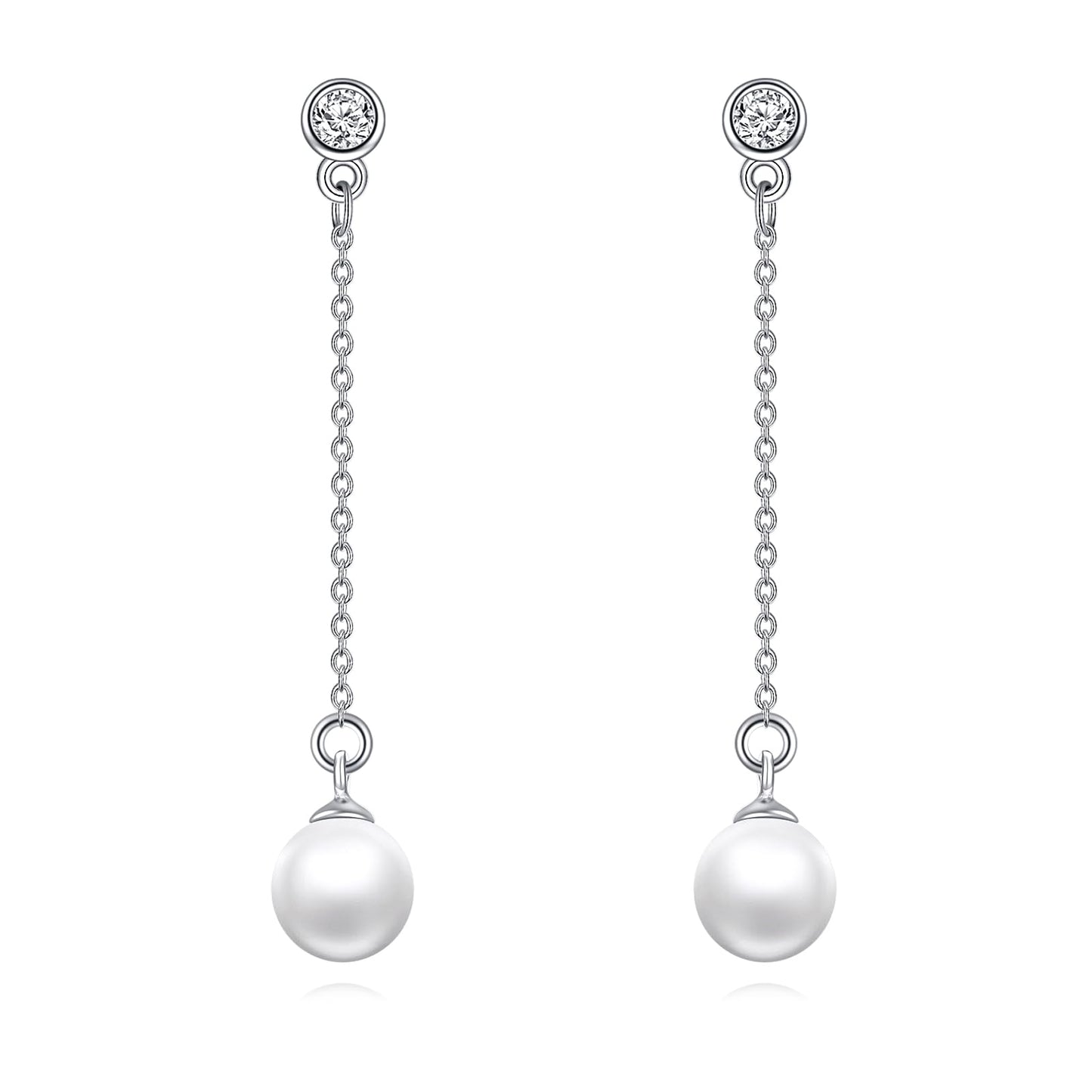 POPLYKE Pearl Drop Earrings Sterling Silver Threader Pearl Long Chain Earrings Jewelry Gifts for Women Wedding Bridesmaids(White Gold)