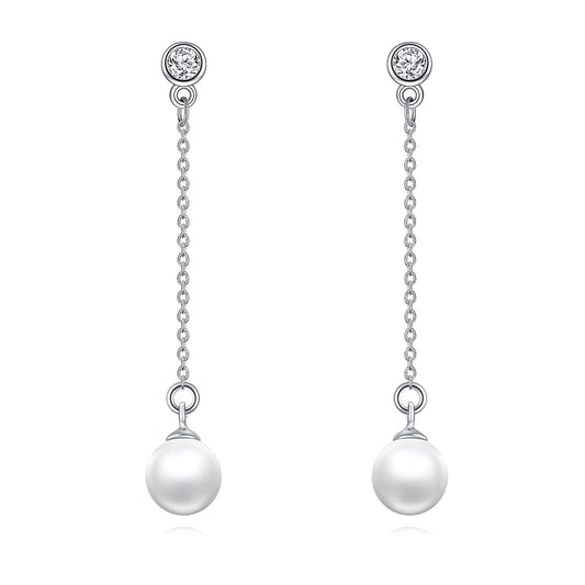 POPLYKE Pearl Drop Earrings Sterling Silver Threader Pearl Long Chain Earrings Jewelry Gifts for Women Wedding Bridesmaids(White Gold)