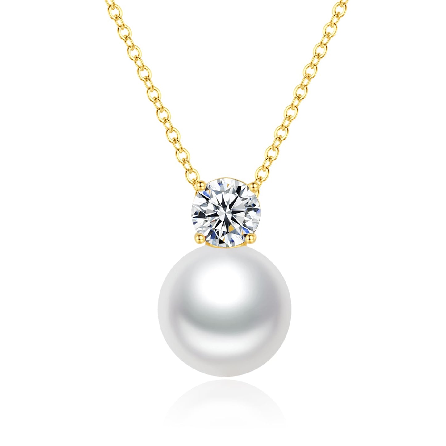 SUNFEEL 925 Sterling Silver Pearl Necklaces for women 14K Gold Plated 5A CZ 10MM Single Pearl Pendant Necklace Gifts for Her Mom Wife Girlfriend Engagement Wedding Birdal Christmas Trendy Jewelry