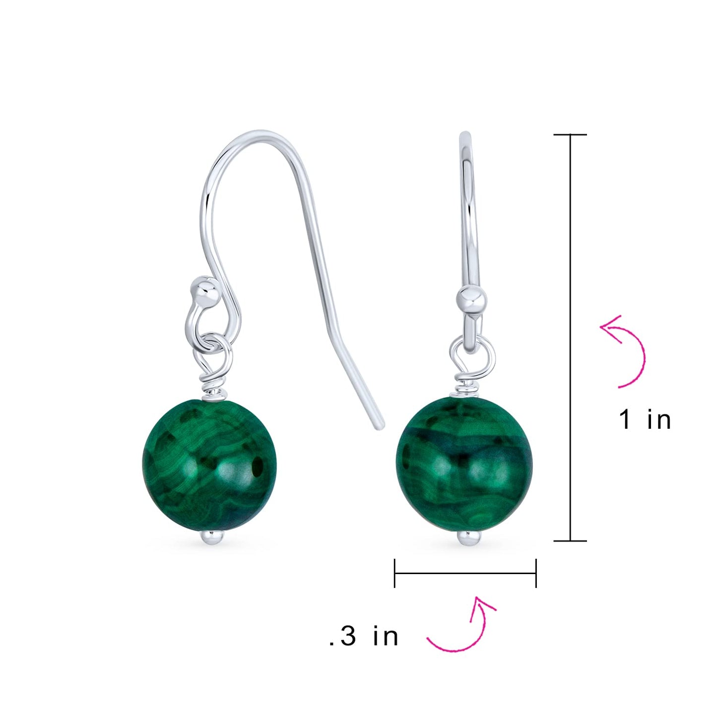 Bling Jewelry .925 Sterling Silver Green Malachite & Navy Blue Lapis Lazuli Bead 8mm Dangle Ball Drop Earrings For Women French Fish Hook Wire (Set of 2)