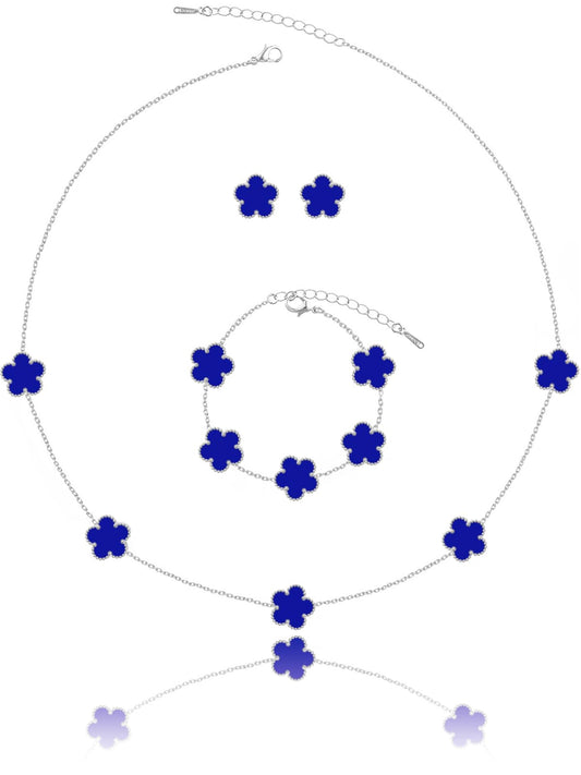 Qinpan Five Leaf Clover Necklace Bracelet and Stud Set for Women Lucky Flower Jewelry (Royal Blue-Stainless Steel)