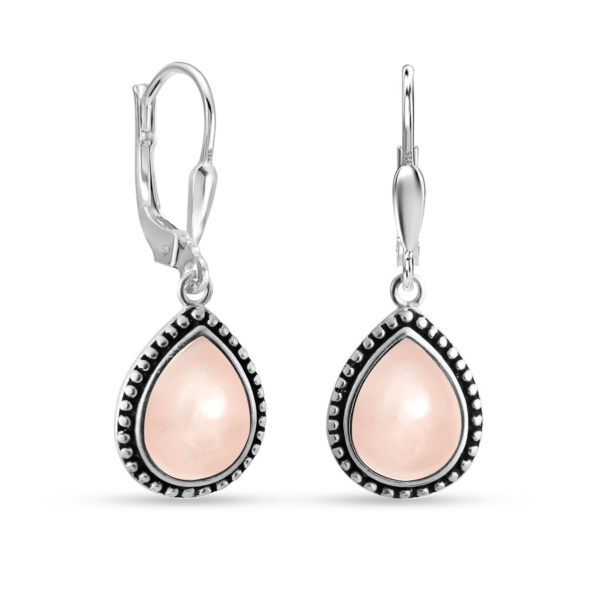 LeCalla 925 Sterling Silver Teardrop Leverback Earrings for Women | Antique Pear Shaped Rose Quartz Dangle Earrings 30MM