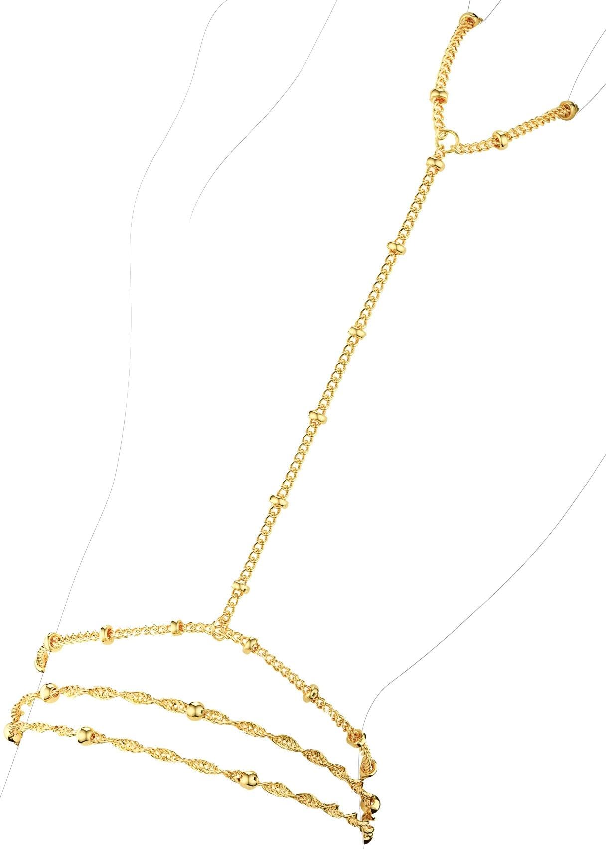 2PCS Gold Hand Chain Finger Bracelet for Women, 14K Gold Plated Satellite Bead Slave Bracelet, Waterproof Boho Hand Harness Jewelry for Summer Beach & Party, Tarnish Resistant, Adjustable Gift for Her
