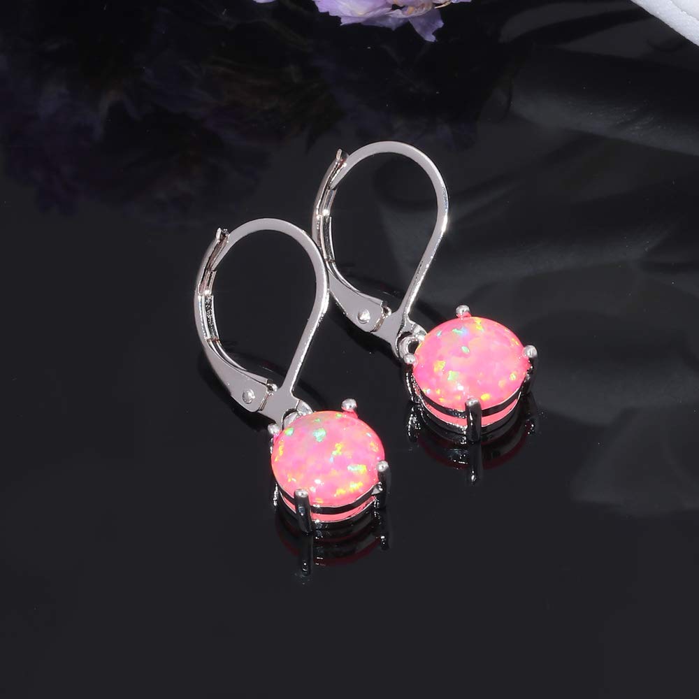 CiNily Round-Cut Opal Dangle Earrings, Pink Fire Opal Rhodium Plated Women Jewelry Leverback Gemstone Small Drop Earrings