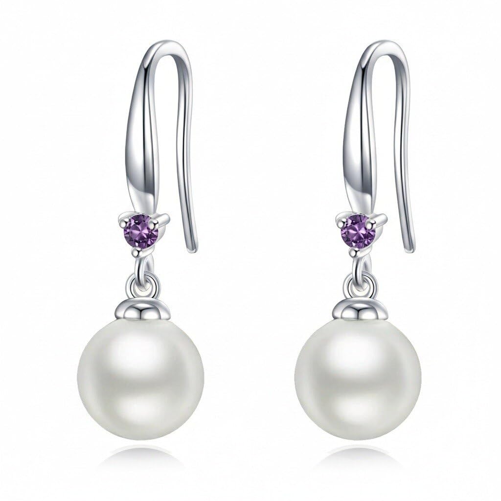 925 Sterling Silver Pearl Leverback Earrings Dangle Drop Birthstone Jewelry Gifts for Women (White Pearl-February)