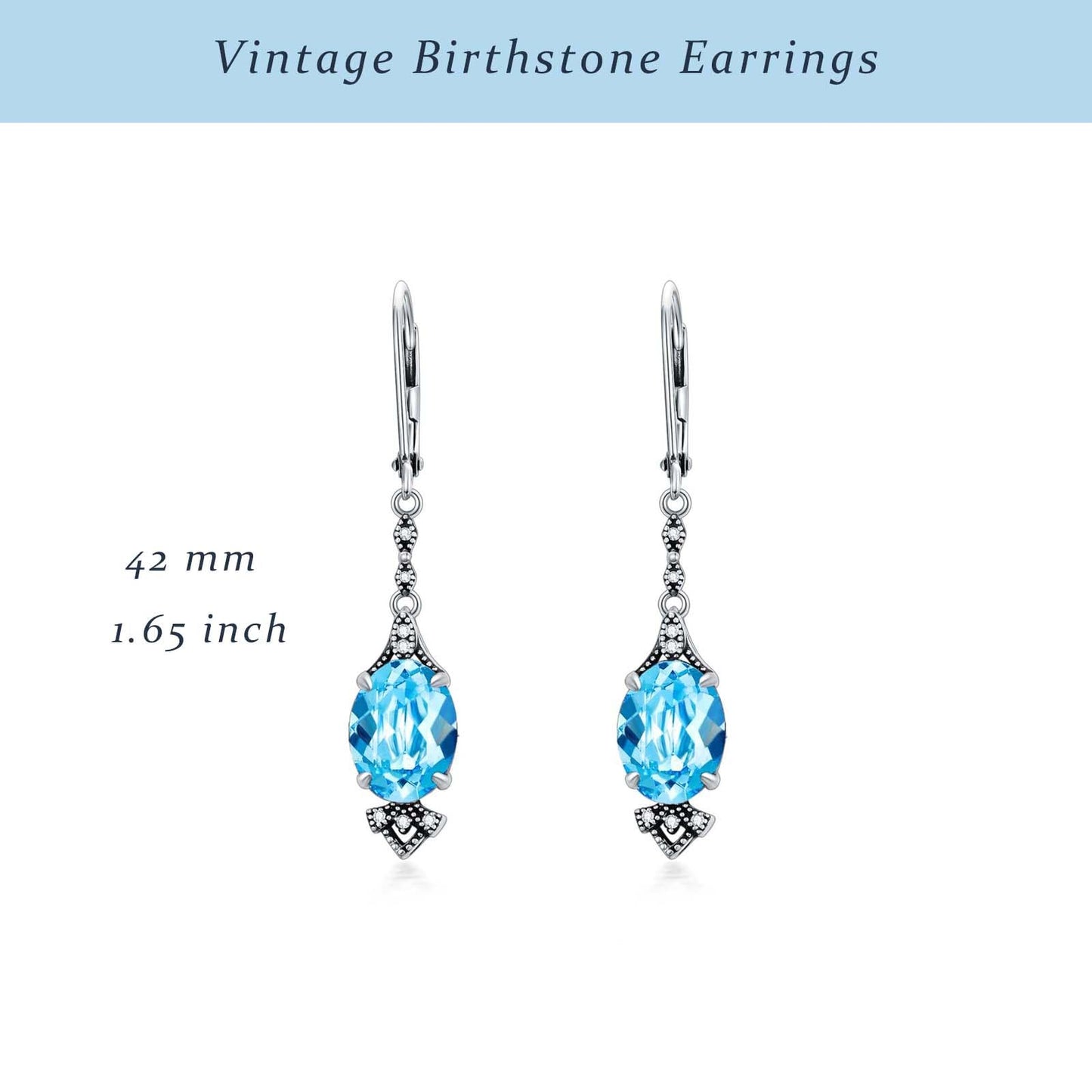 Vintage Aquamarine Blue Earrings 925 Sterling Silver Retro Antique Looking Leverback Dangle Drop Earrings with Oval March Birthstone, Anniversary Jewelry Gifts for Women
