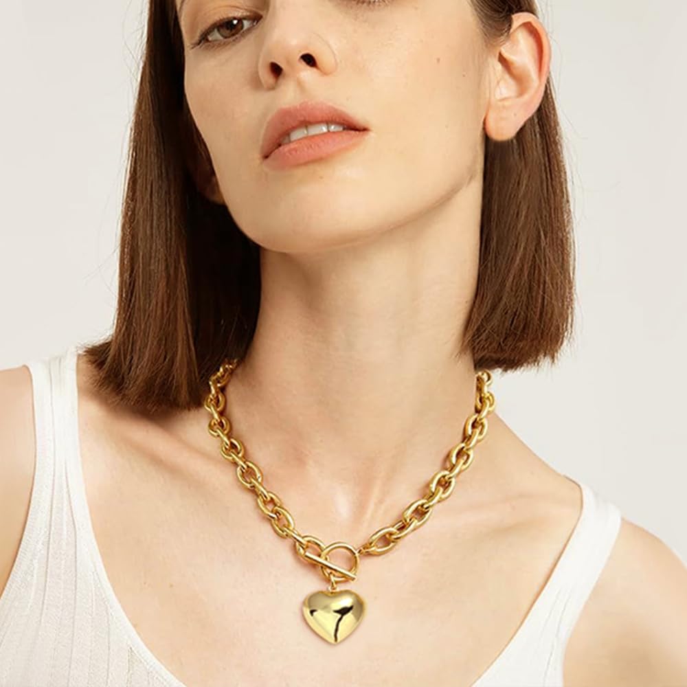 BONJOULRY Chunky Gold Bubble Heart Charm Toggle Necklace for Women, Gold Statement Thick Link Chain Puffy Heart Pendant Choker Necklaces for Women Trendy Jewelry Holiday Gift