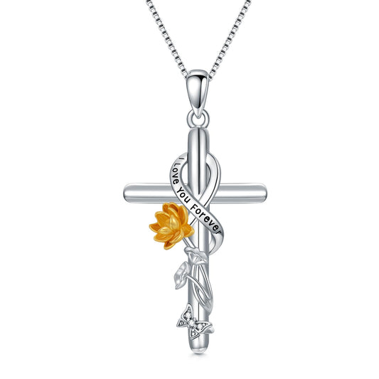 Flpruy Lotus Necklace for Women - 925 Sterling Silver July Birth Flower Cross Pendant - Lotus Jewelry Birthday Gift