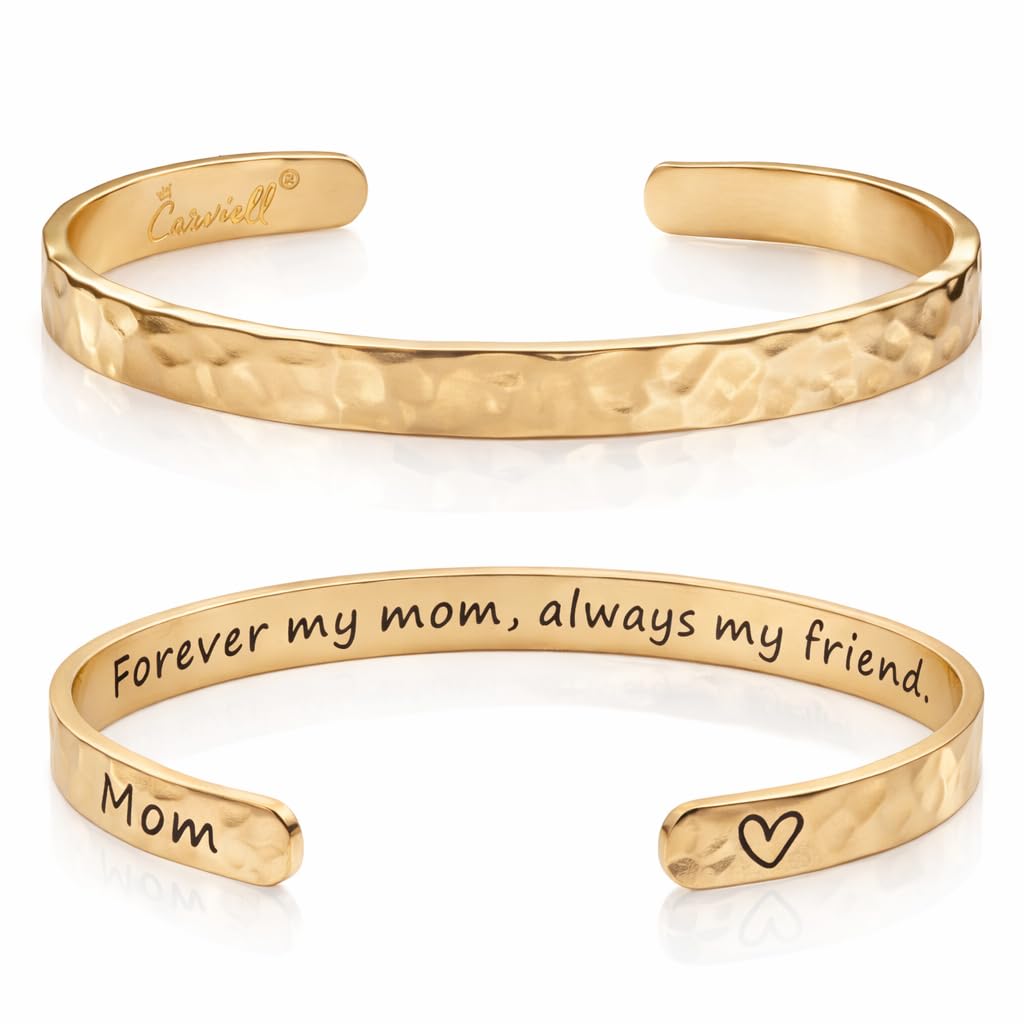 Carviell Gold Bracelet for Mom – “Forever My Mom, Always My Friend” Engraved Cuff, Mother Gift from Daughter or Son, Stainless Steel Jewelry, Meaningful Birthday, Christmas, or Mother’s Day Present