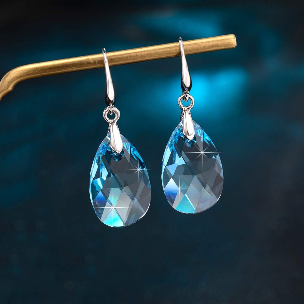 Austrian Crystal Teardrop Dangle Hook Earrings for Women 14K Gold Plated Hypoallergenic Jewelry (Aquamarine)