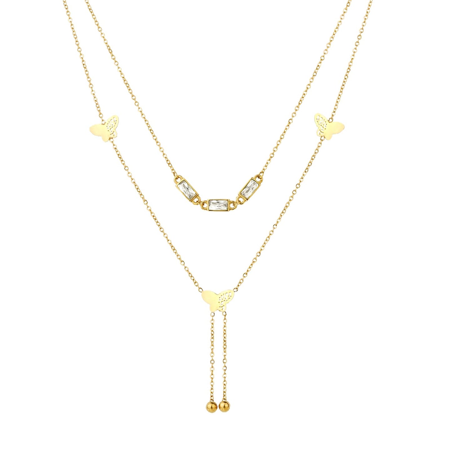 TaYolnFaSo 18K Gold Plated Double Layered Y Lariat Necklace Emerald Cut CZ Choker Butterflies Lariat Necklace Christmas Jewelry Gift for Women