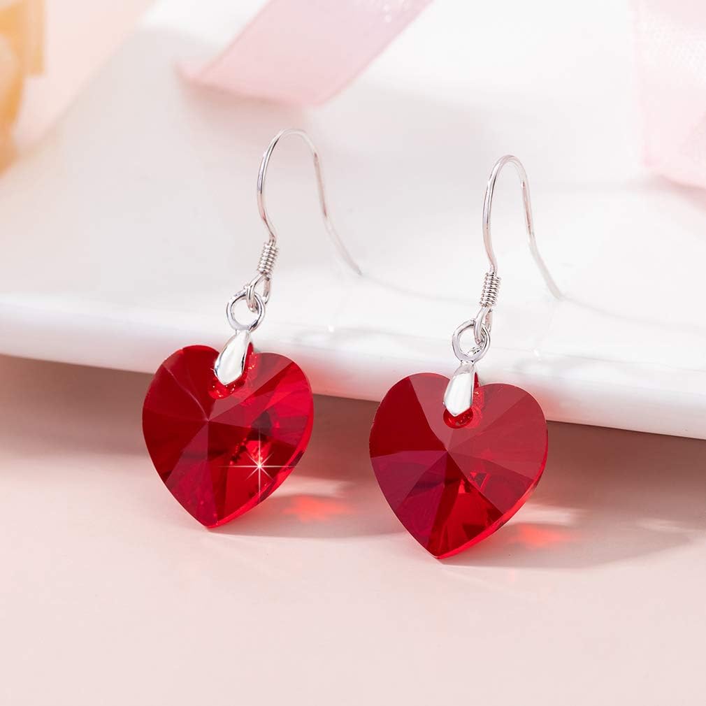 Austrian Crystal Heart Drop Dangle Earrings for Women 925 Sterling Silver Hook Hypoallergenic Earring (Red)