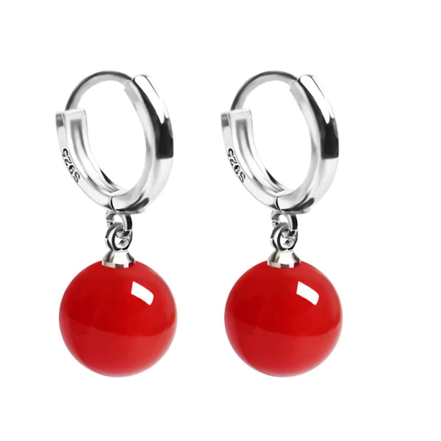 QLYOVWE Handmade Jade Earrings Basic Gemstone Round 12MM Bead Ball Drop Dangle Earrings Rose Quartz Stone Natural Agate Bead Jade Drop Earrings for Women (Red)