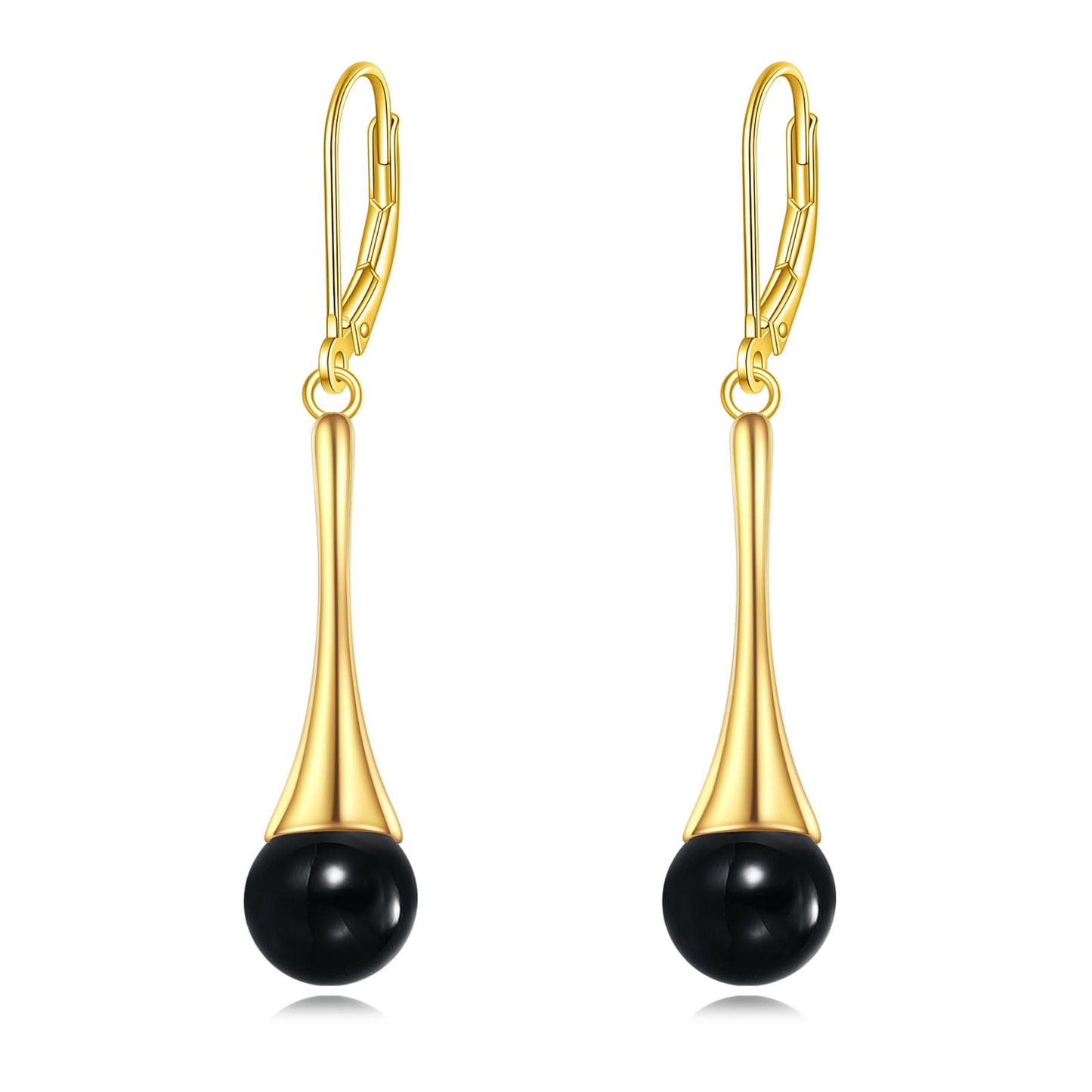 Sterling Silver Black Onyx Earrings for Women 18K Yellow Gold Plated Jewelry Gifts (Dangle with Ball Bead)