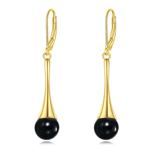 Sterling Silver Black Onyx Earrings for Women 18K Yellow Gold Plated Jewelry Gifts (Dangle with Ball Bead)