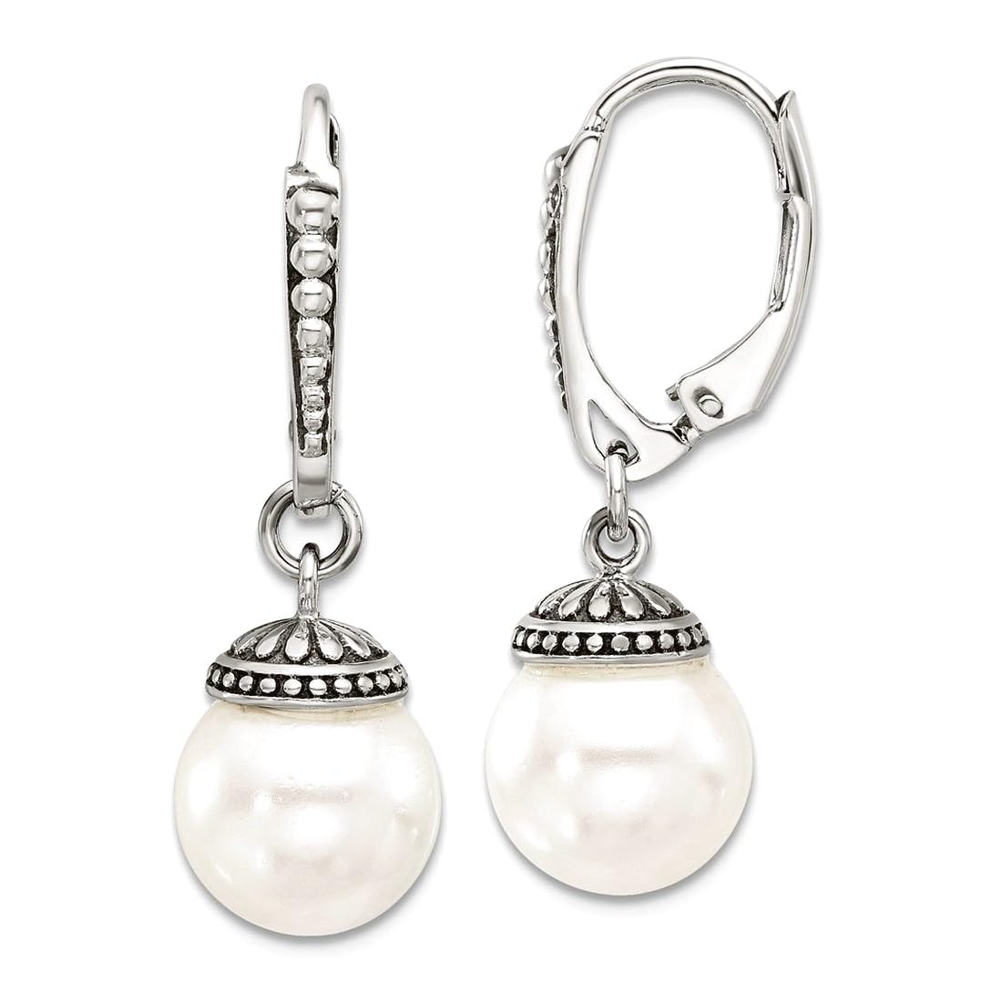 925 Sterling Silver Polished and Oxidized Syn. Pearl Dangle Leverback Earrings 32.4mm long Dangle Earring for Women
