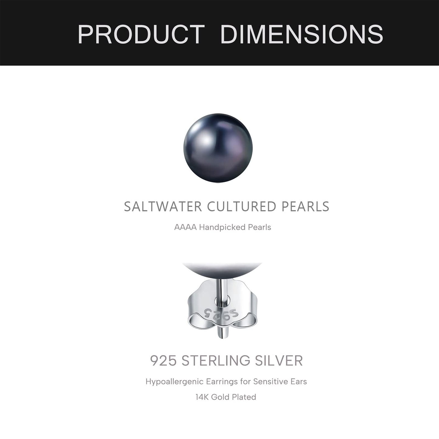 YAMI Pearl Earrings for Women, 925 Sterling Silver Hypoallergenic Stud, Saltwater Cultured Black Pearl, Classic & Elegant Jewelry Gifts for Her, 9-9.5MM