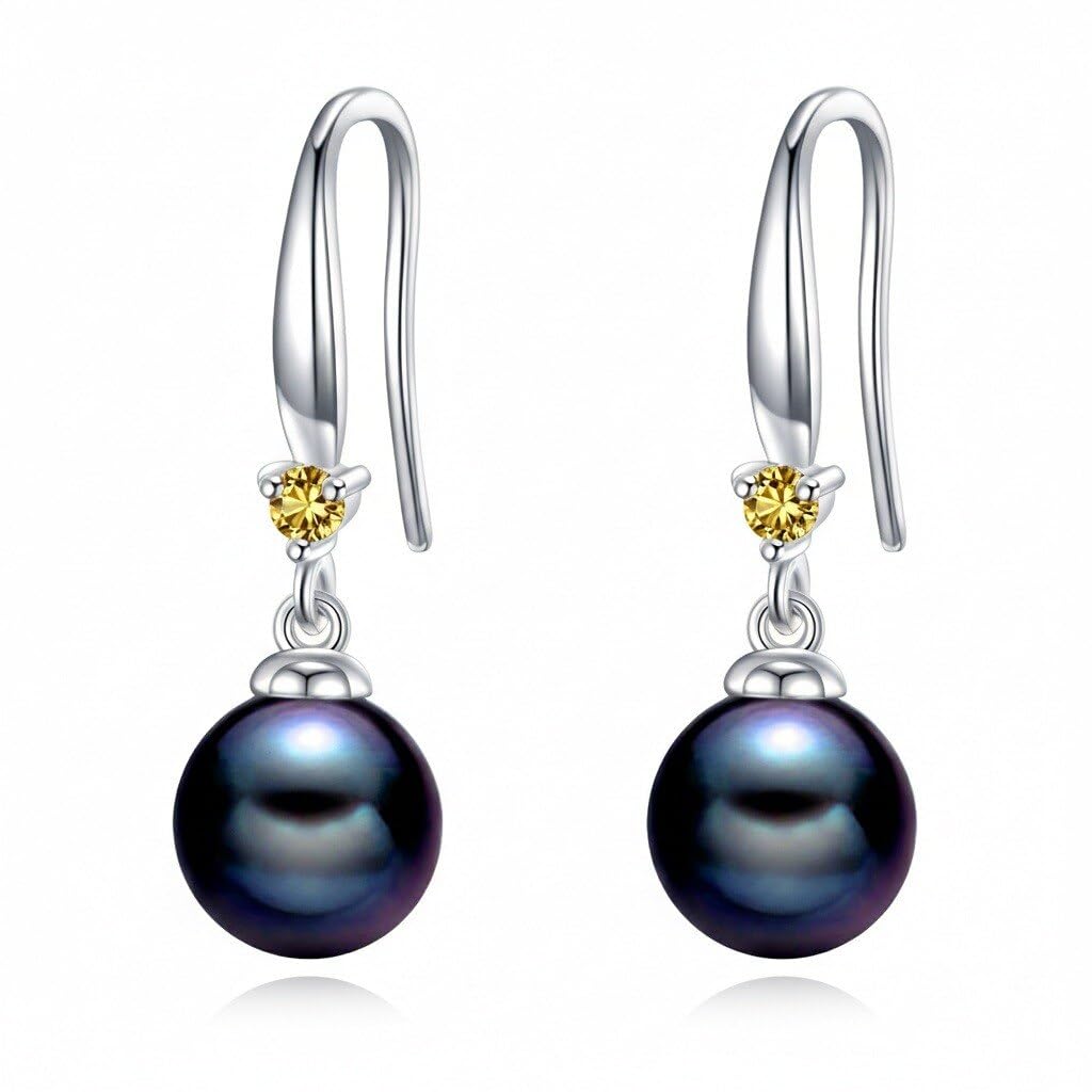 925 Sterling Silver Pearl Leverback Earrings Dangle Drop Birthstone Jewelry Gifts for Women (Black Pearl-November)