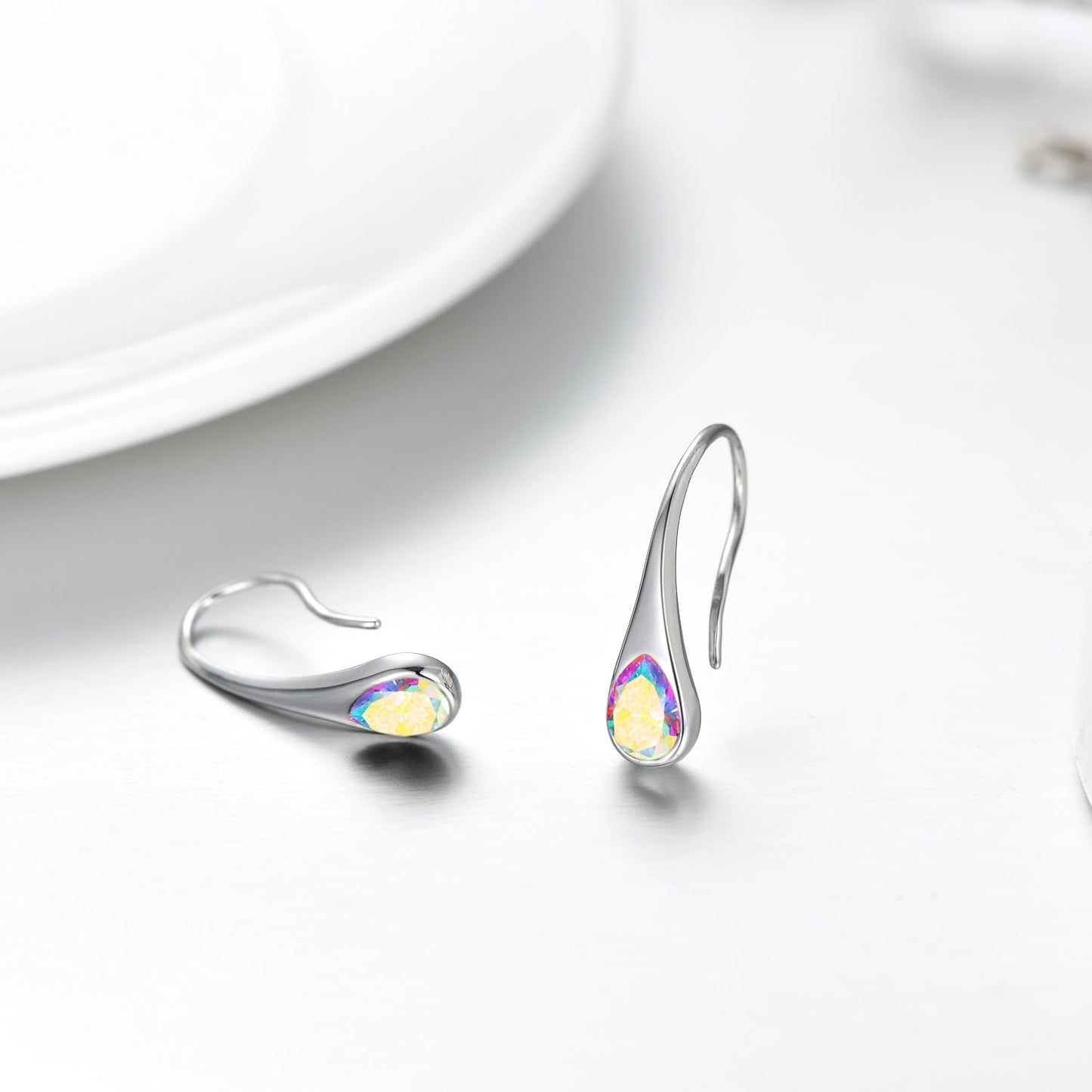 925 Sterling Silver Teardrop Earrings, Hypoallergenic Pear-Shaped Dangle Drop Earrings for Women with Aurora Borealis Crystals