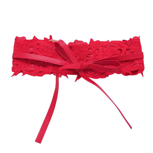 MINILUJIA Womens Lace Wide Waist Belt Wrap Around Obi Croset Belts Bowknot,Wide Wrap Retro Waist Belt for Dress (Red)