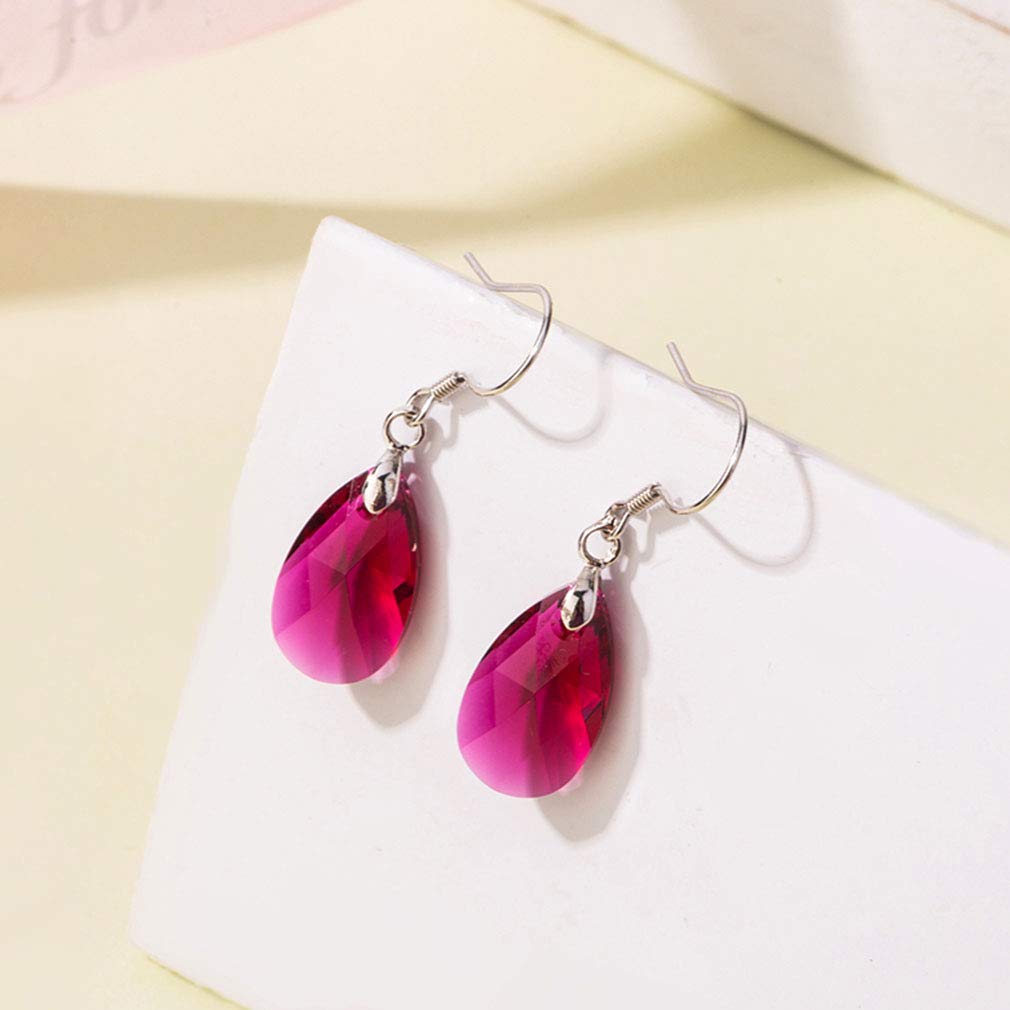 Austrian Crystal Teardrop Dangle Earrings for Women Drop Hook Earring 925 Sterling Silver Hypoallergenic Jewelry (Fuchsia)