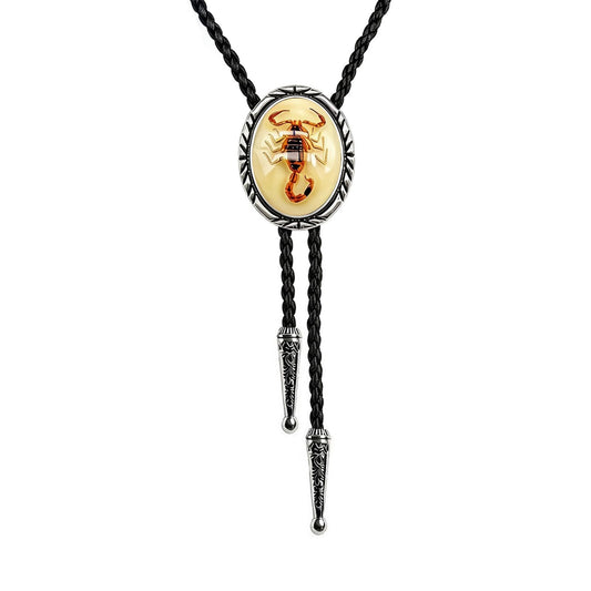 JPJZY BRBAM Minimalist Style Natural Stone Bolo Tie Oval Gemstone Pendant with Striped Border Leather Necktie for Men and Women Scorpion Luminous