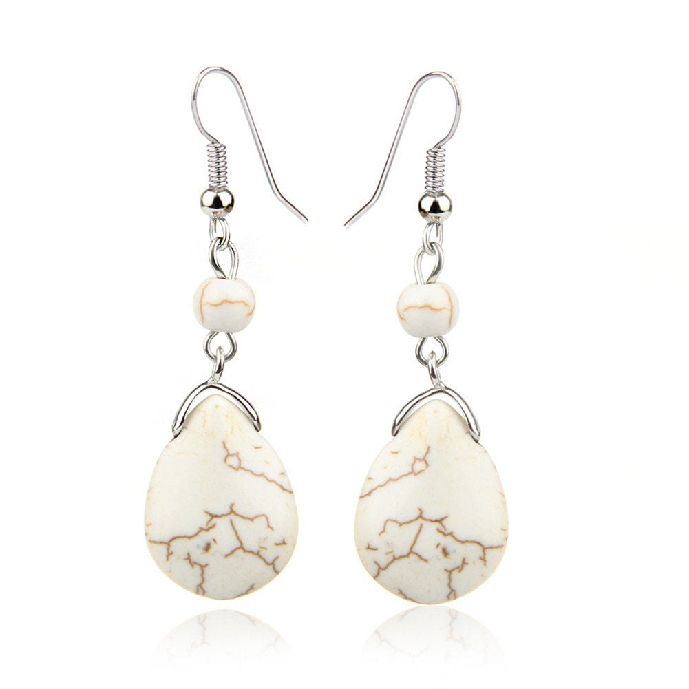 Double Lapis Lazuli Drop Earrings Natural Stone Round Bead Dangle Earrings for Women Fashion Jewelry Gift¡­ (G:white)