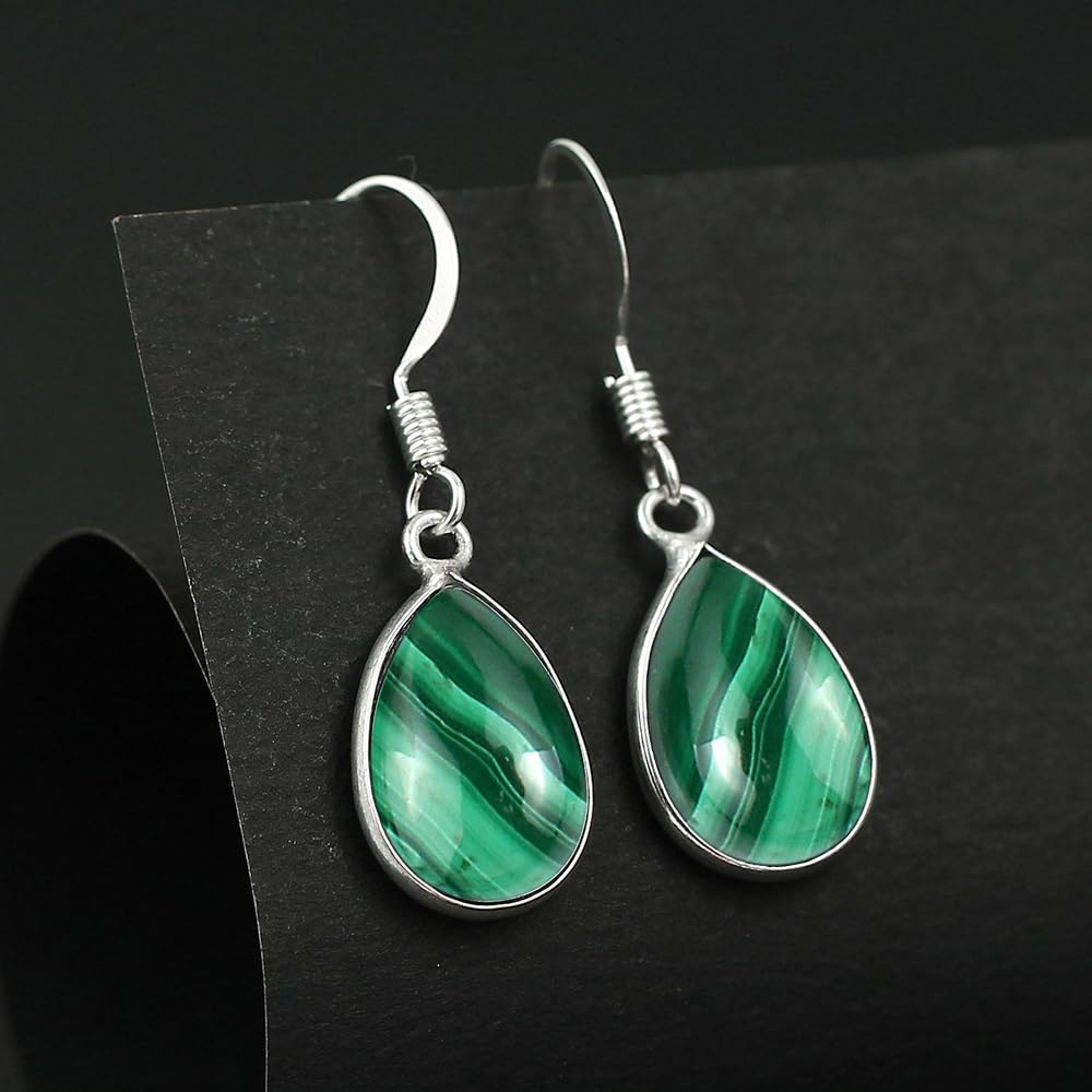 Natural Malachite Sterling Silver Plated Dangle Earrings for Women - Green Stone Teardrop Shape April Birthstone Handmade Drop Earrings Jewelry - Gifts for Her