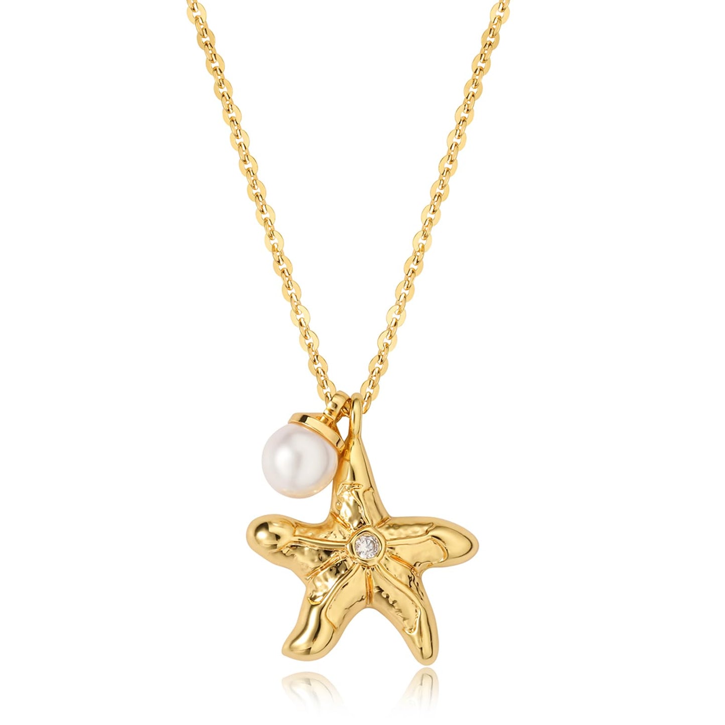 MEVECCO Dainty Gold Starfish Pearl Pendent Necklace for Women 18K Gold Plated Beach Cute Starfish Necklace Pearl Boho Handmade Ocean jewelry