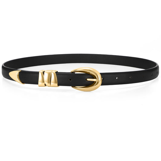 WHIPPY Women Skinny Leather Belt for Jeans Pants Dresses Ladies Fashion Waist Belt with Shiny Gold Buckle,Black Gold,S