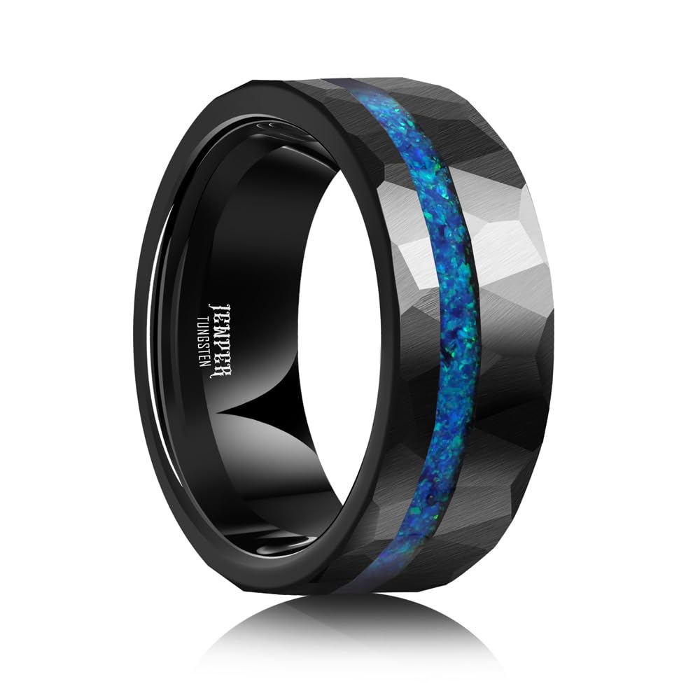JEWPER 8mm Men Womens Wedding Band Tungsten Rings Black Blue Hammer pattern Fashion Promise Carbide Inlaid Opal Matte Finish Edge Comfort Fit Size(6)
