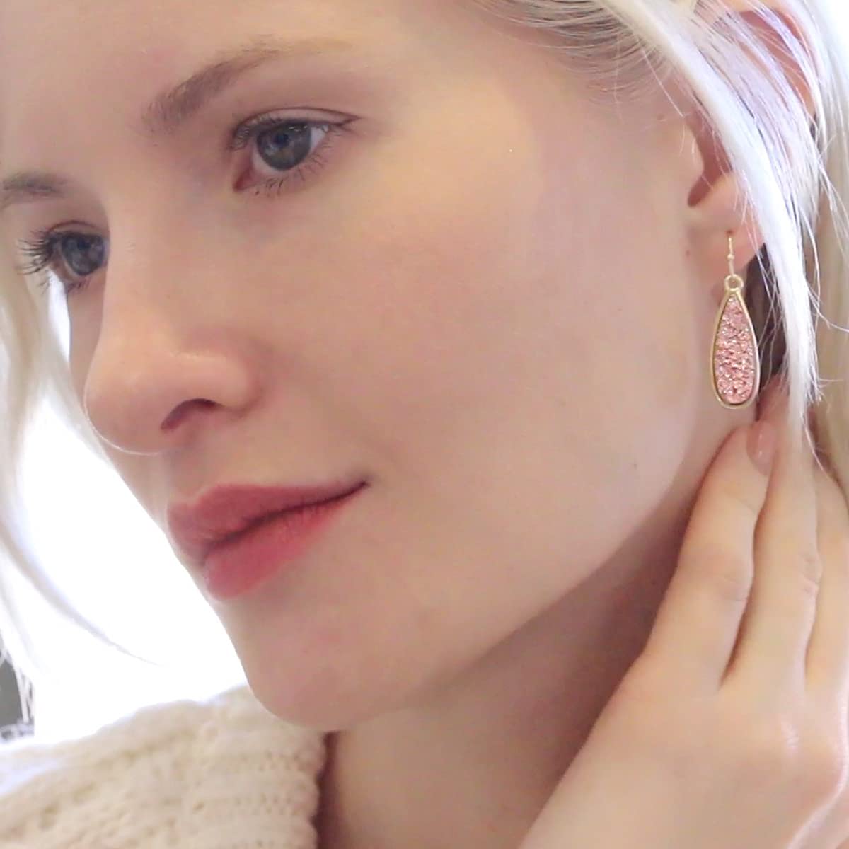 Simulated Druzy Drop Dangles - Gold Tone Sparkly Long Teardrop Dangly Earrings for Women, Pink Rose Gold Tone