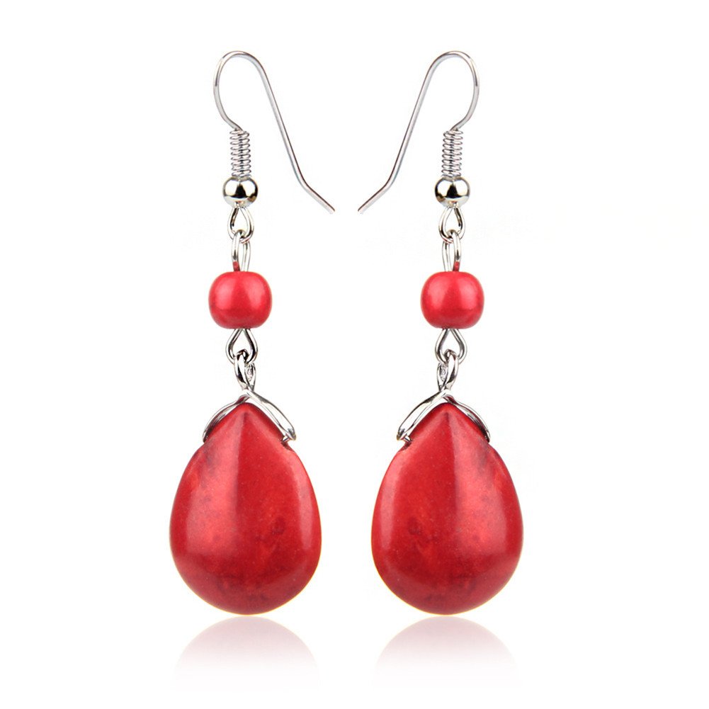 Double Lapis Lazuli Drop Earrings Natural Stone Round Bead Dangle Earrings for Women Fashion Jewelry Gift­ (F:red)