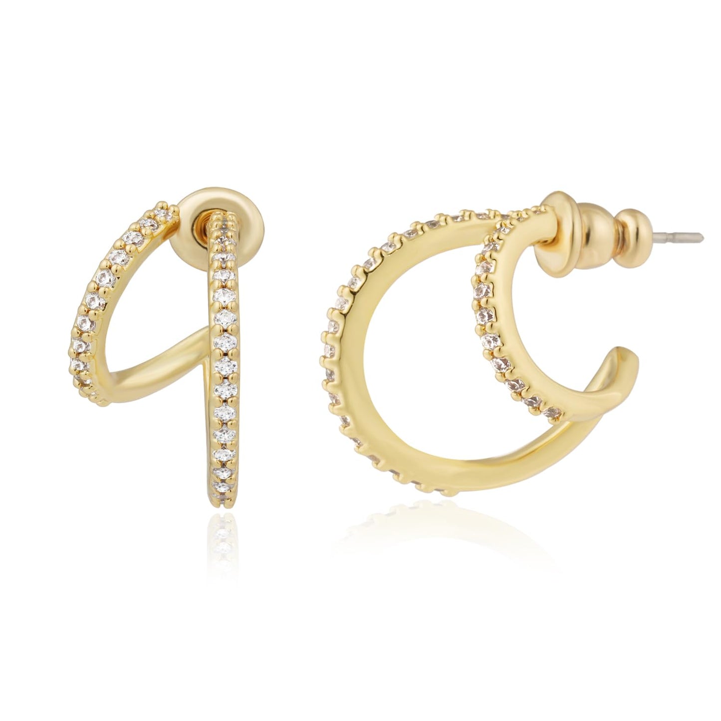 Obidos 14K Gold Plated Double Huggie Hoop Earrings for One Hole | Illusion Stud Earrings for Women | Gold Huggie Small Hoop Earrings for Women | Boho Simple Hypoallergenic Earrings