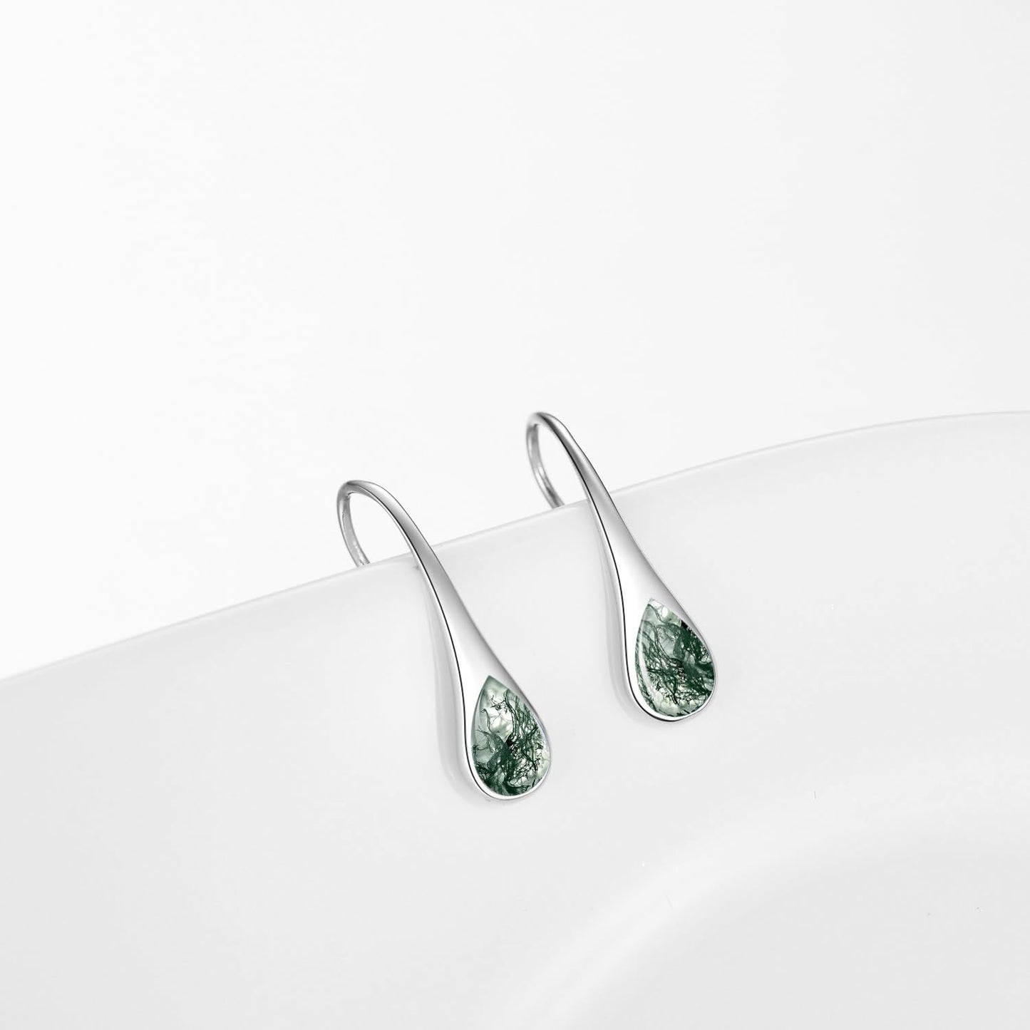925 Sterling Silver Pear-Shaped Hook Earrings with Moss Agate, Teardrop Jewelry Gifts for Women Wife Mom