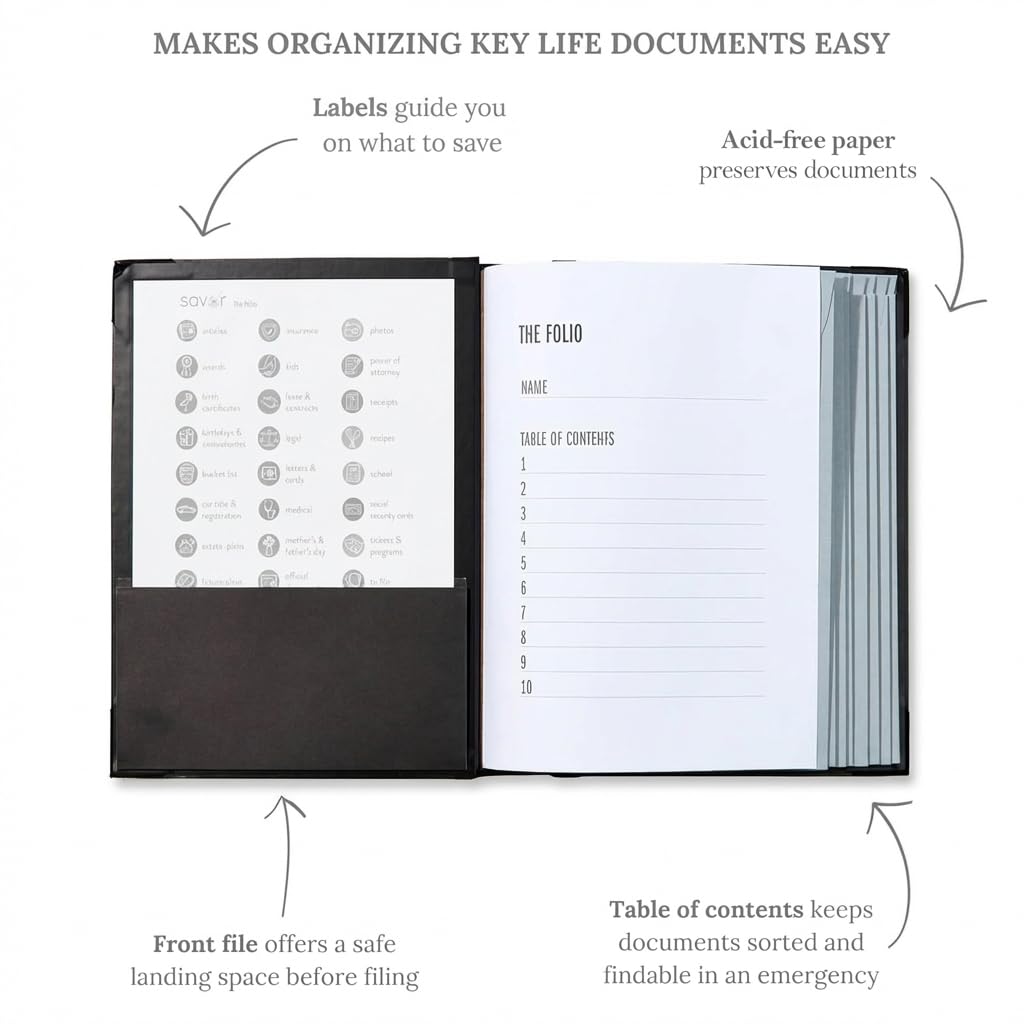 The Folio® Important Document Organizer by Savor | Binder with Guided Labels, Acid-Free File Folder Organizer with 10 Pockets, Document Holder for Home Records, Legal and Medical Papers (Black)
