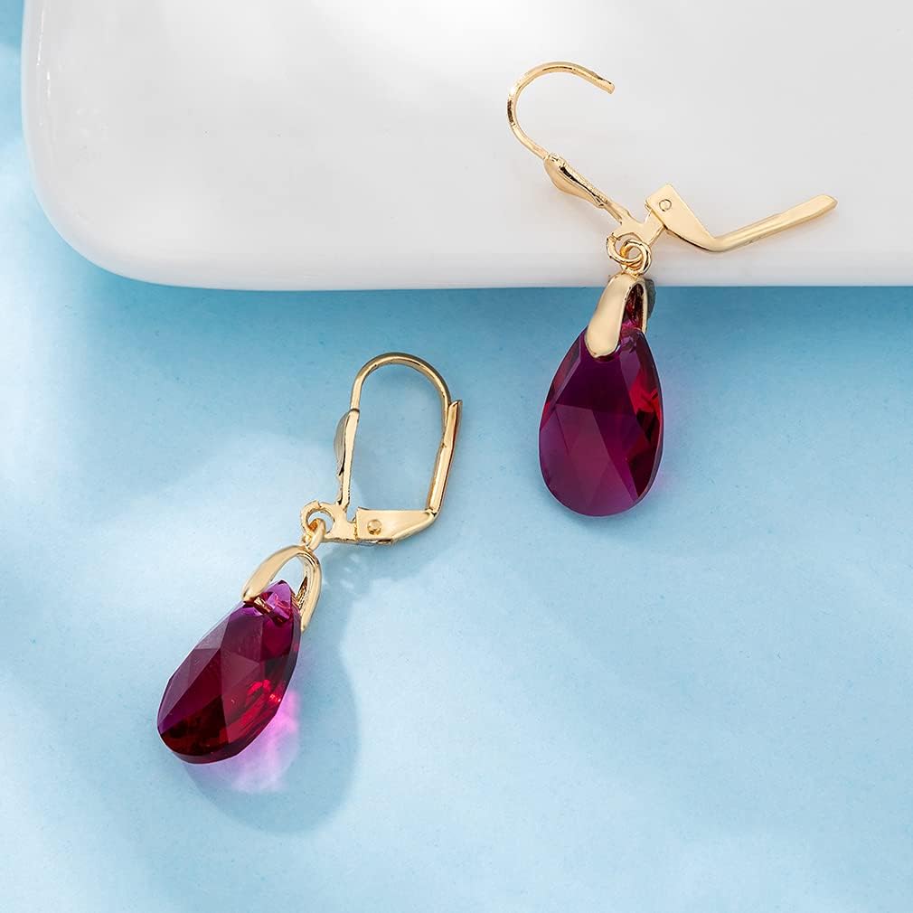 Austrian Crystal Teardrop Leverback Dangle Earrings for Women Fashion 14K Gold Plated Hypoallergenic Jewelry (Fuchsia)
