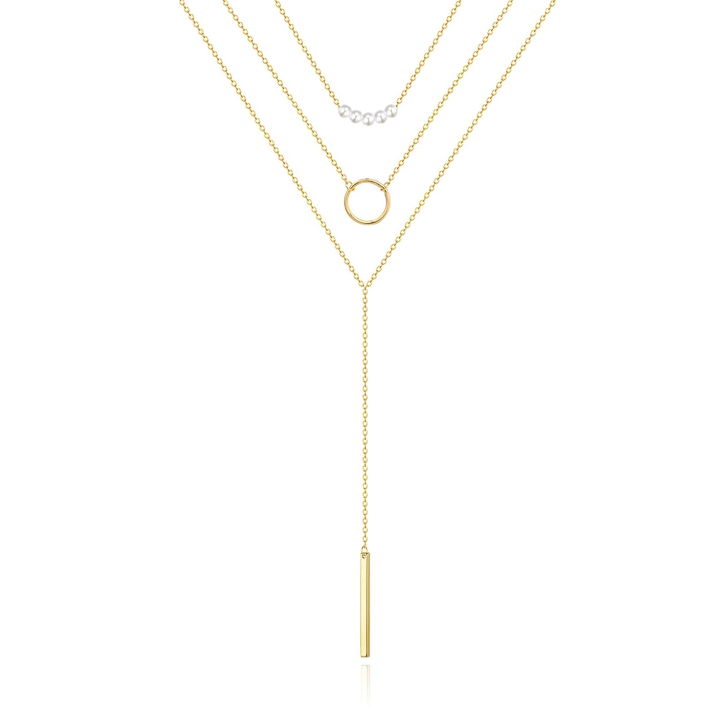 Zeffy Layered Necklace for Women Gold Lariat Y Drop Cute Dainty Pearls Necklace Layering Round Circle Necklace Simple Layering Necklaces Jewelry Gift for Women