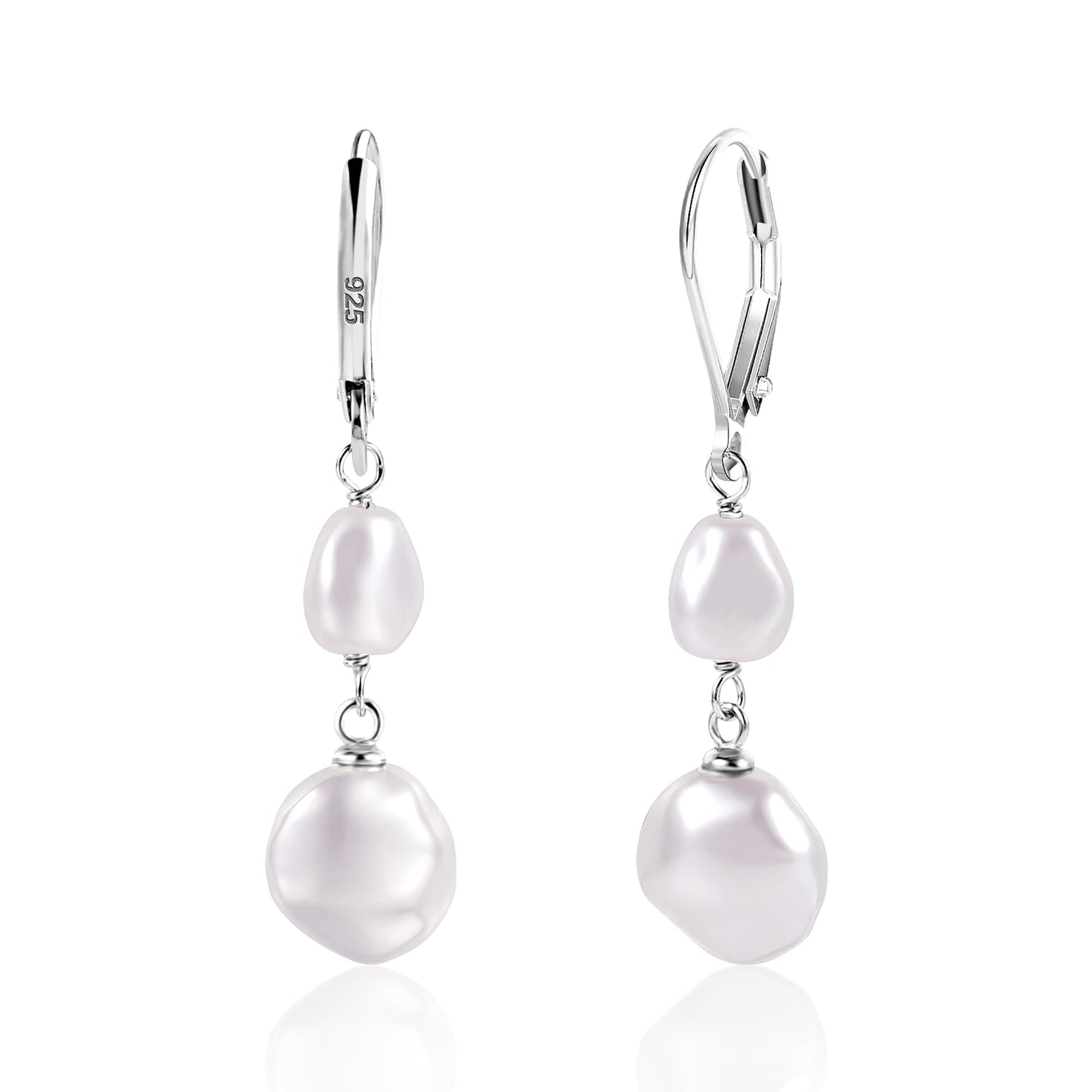 Silver Pearl Dangle Earrings for Women 925 Sterling Silver Double Pearl Drop Earrings Hypoallergenic Leverback Baroque Irregular Pearls Earring