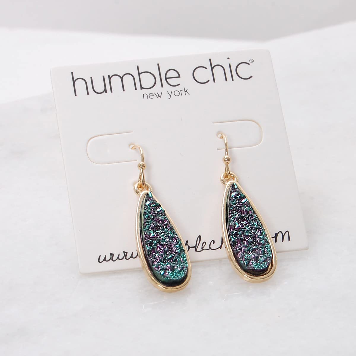 Simulated Druzy Drop Dangles - Sparkly Long Teardrop Dangly Earrings for Women, Gold Tone - Black Created Opal