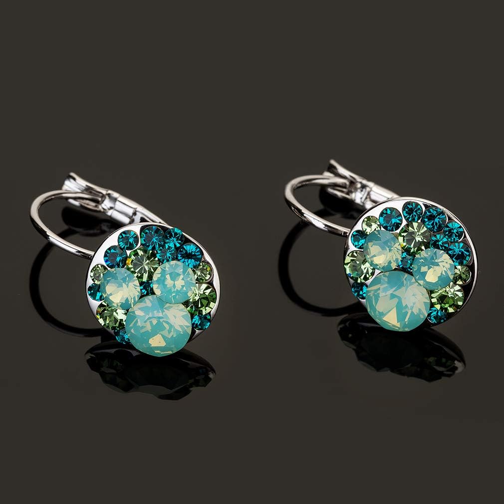 Multicolored Austrian Crystal Drop Earrings for Women 14K Gold Plated Hypoallergenic Leverback Dangle Earrings (Green Main Crystal/Silver-tone)