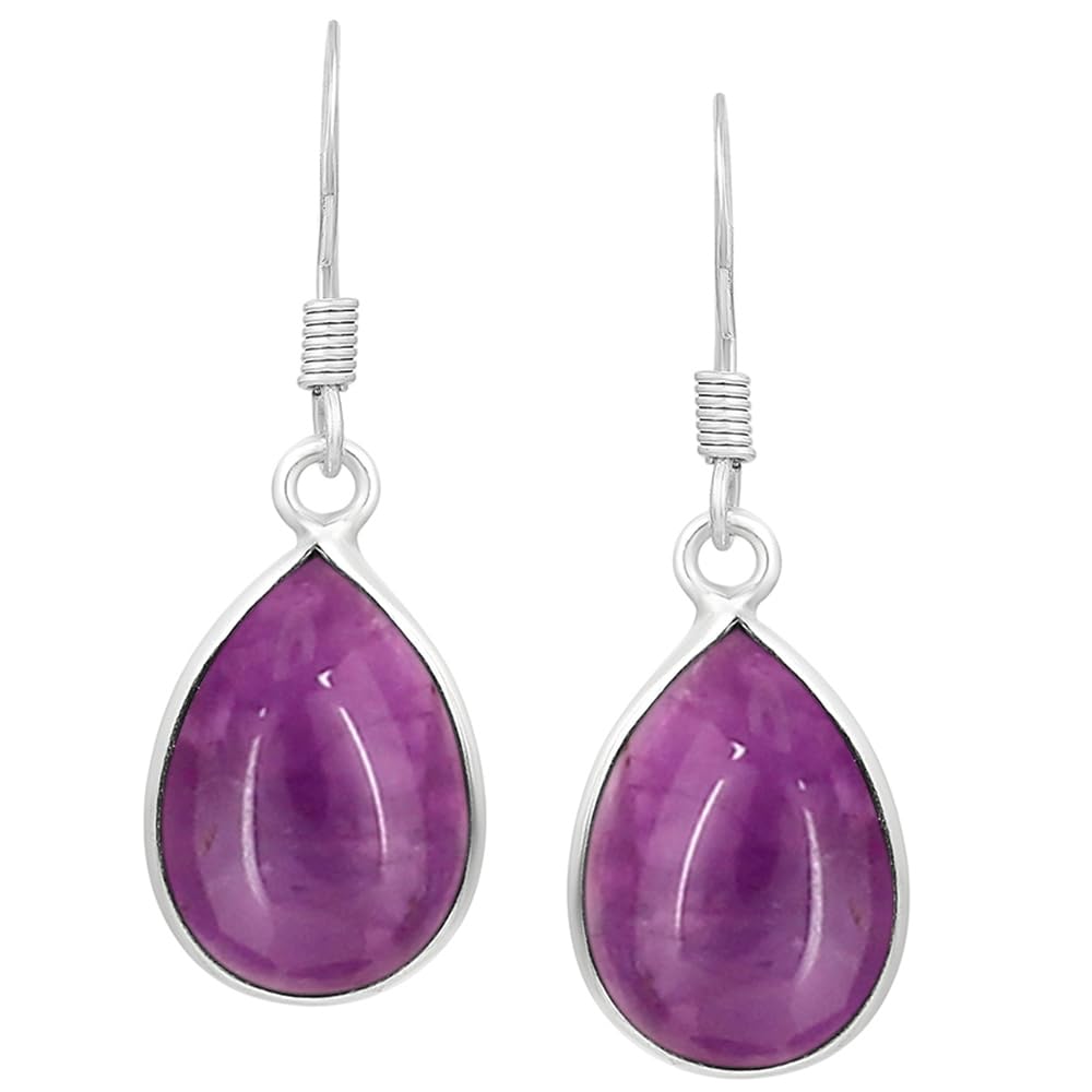 Natural Amethyst Sterling Silver Plated Dangle Earrings for Women - Purple Stone Teardrop Shape February Birthstone Handmade Jewelry Earrings - Valentine's Day Gifts for Her