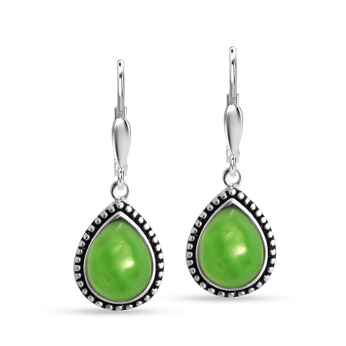 LeCalla 925 Sterling Silver Teardrop Leverback Earrings for Women | Antique Pear Shaped Green Jade Dangle Earrings 30MM