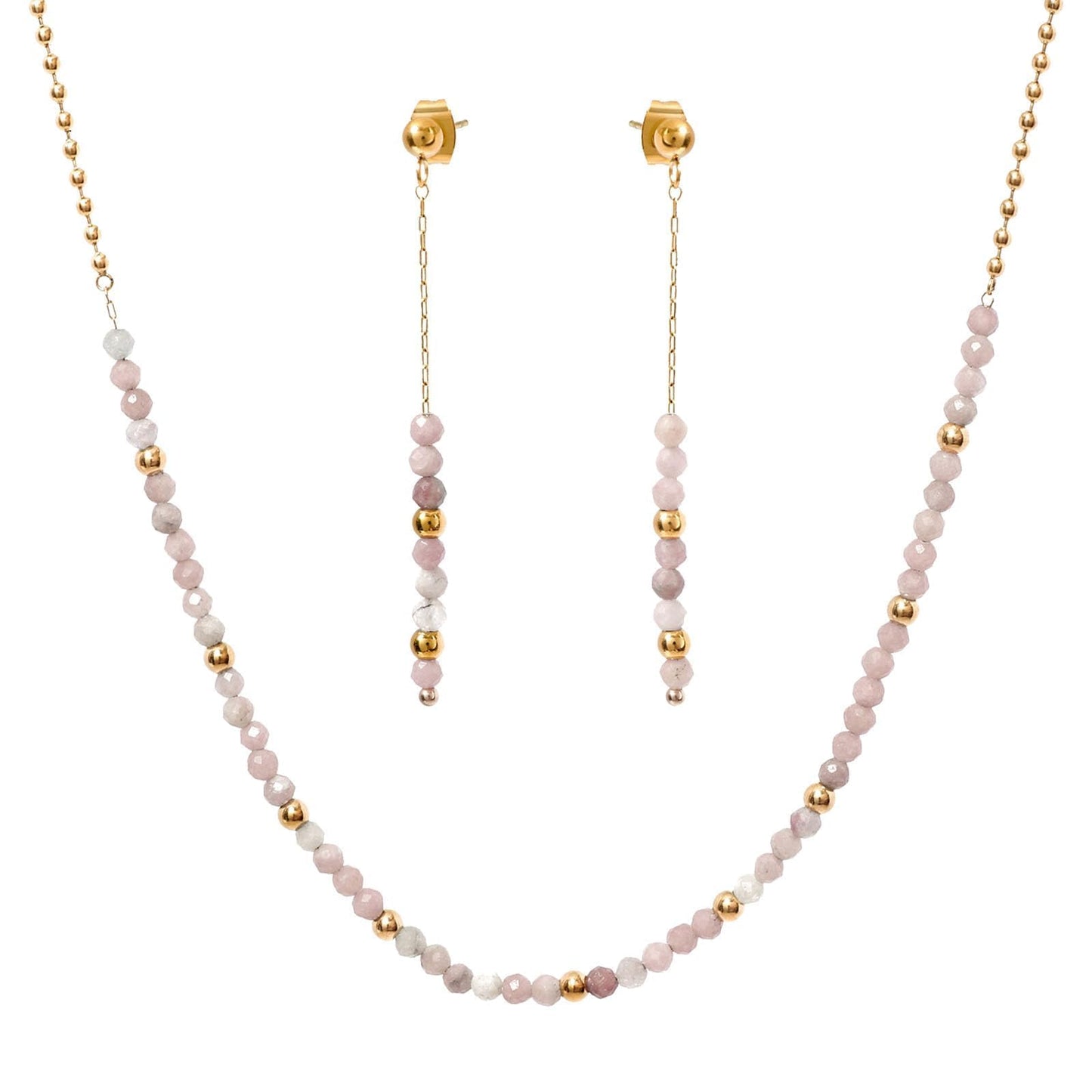 TaYolnFaSo Round Pink Tourmaline Beads Jewelry Set for Women 18K Gold Plated Pink Tourmaline Necklace and Earrings Set Gift for Female